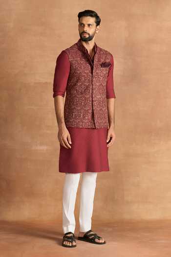 Raghavendra Rathore Jodhpur_Maroon Silk Zari Crimson Heirloom Nehru Jacket _Online_at_Aza_Fashions