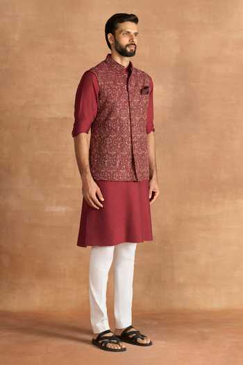 Buy_Raghavendra Rathore Jodhpur_Maroon Silk Zari Crimson Heirloom Nehru Jacket _Online_at_Aza_Fashions