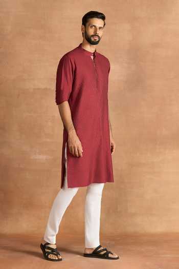 Raghavendra Rathore Jodhpur Maroon Silk, Viscose Embroidery Garnet Kurta Online at Aza Fashions Raghavendra Rathore Jodhpur_Maroon Silk, Viscose Embroidery Garnet Kurta _Online_at_Aza_Fashions
