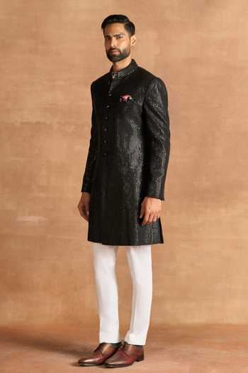 Raghavendra Rathore Jodhpur_Black Silk Sequins Embroidered Sherwani _Online_at_Aza_Fashions