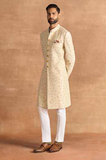 Raghavendra Rathore Jodhpur_Off White Silk Embroidery, Zari Alabaster Sherwani _Online_at_Aza_Fashions
