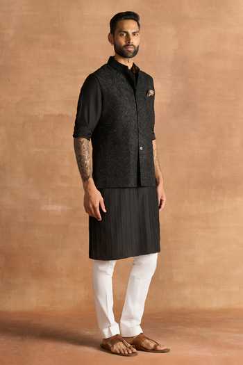 Raghavendra Rathore Jodhpur_Black Silk Embroidery Embellished Nehru Jacket _Online_at_Aza_Fashions