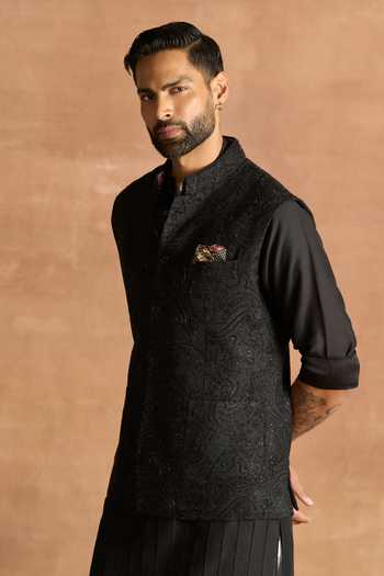 Buy_Raghavendra Rathore Jodhpur_Black Silk Embroidery Embellished Nehru Jacket _Online_at_Aza_Fashions