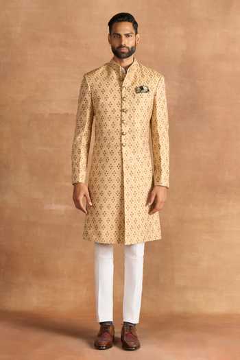 Buy_Raghavendra Rathore Jodhpur_Gold Silk Zari Heritage Sherwani _Online_at_Aza_Fashions