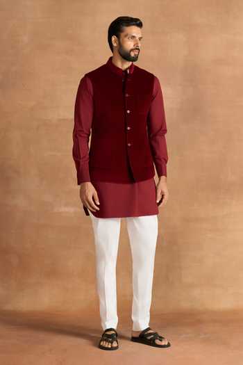 Buy_Raghavendra Rathore Jodhpur_Maroon Velvet Rouge Nehru Jacket _Online_at_Aza_Fashions