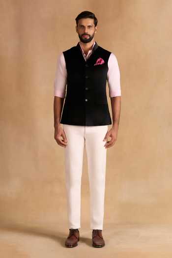 Raghavendra Rathore Jodhpur_Black Velvet Noir Textured Nehru Jacket _Online_at_Aza_Fashions