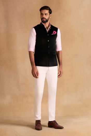 Buy_Raghavendra Rathore Jodhpur_Black Velvet Noir Textured Nehru Jacket _Online_at_Aza_Fashions
