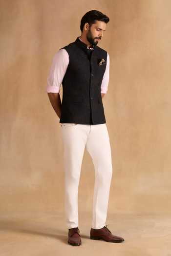 Raghavendra Rathore Jodhpur_Blue Jacquard Obsidian Navy Nehru Jacket _Online_at_Aza_Fashions