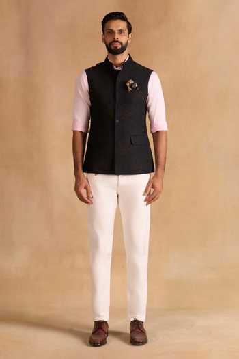 Buy_Raghavendra Rathore Jodhpur_Blue Jacquard Obsidian Navy Nehru Jacket _Online_at_Aza_Fashions