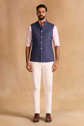 Buy_Raghavendra Rathore Jodhpur_Blue Suiting Utility Nehru Jacket _Online_at_Aza_Fashions