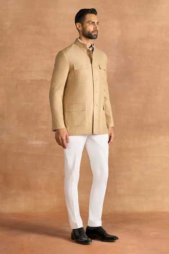 Raghavendra Rathore Jodhpur_Beige Suiting Frontier Bandhgala Jacket _Online_at_Aza_Fashions