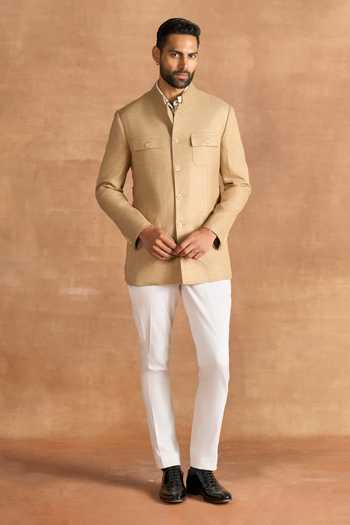 Buy_Raghavendra Rathore Jodhpur_Beige Suiting Frontier Bandhgala Jacket _Online_at_Aza_Fashions