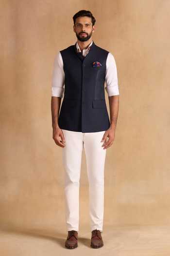 Buy_Raghavendra Rathore Jodhpur_Blue Suiting Navy Core Nehru Jacket _Online_at_Aza_Fashions