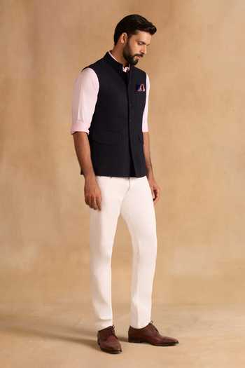 Raghavendra Rathore Jodhpur_Blue Suiting Plain Nehru Jacket _Online_at_Aza_Fashions