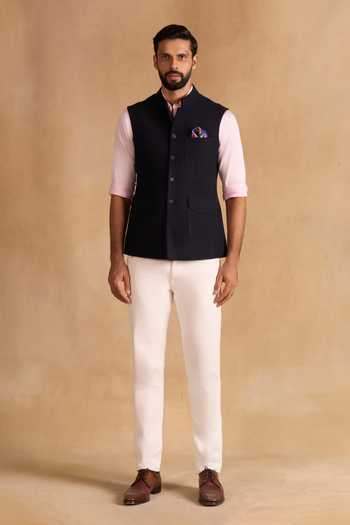 Buy_Raghavendra Rathore Jodhpur_Blue Suiting Plain Nehru Jacket _Online_at_Aza_Fashions