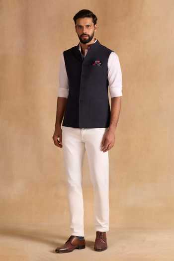 Raghavendra Rathore Jodhpur_Black Cotton Graphite Classic Nehru Jacket _Online_at_Aza_Fashions