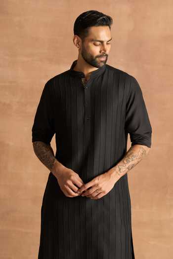 Buy_Raghavendra Rathore Jodhpur_Black Linen Pintuck Kurta _Online_at_Aza_Fashions