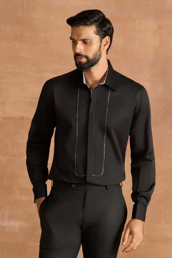 Raghavendra Rathore Jodhpur_Black Cotton Satin Shirt _Online_at_Aza_Fashions