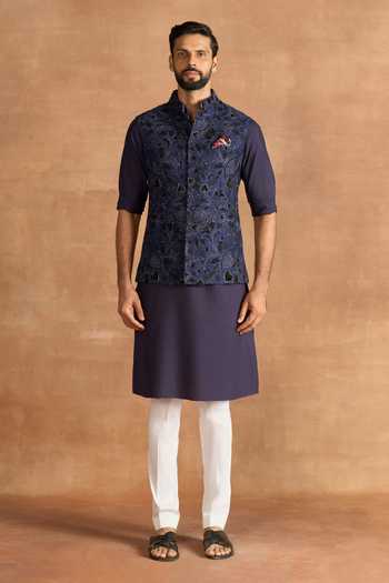 Raghavendra Rathore Jodhpur_Blue Silk Embroidery Meridian Nehru Jacket _Online_at_Aza_Fashions