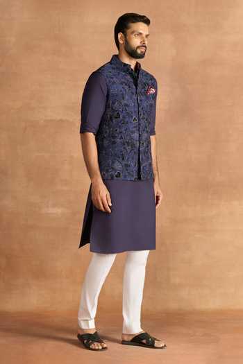 Buy_Raghavendra Rathore Jodhpur_Blue Silk Embroidery Meridian Nehru Jacket _Online_at_Aza_Fashions