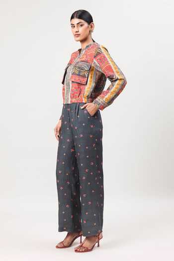 Sue Mue_Multi Color Linen Mandarin Collar The Painterly Print Jacket And Pant Set _Online_at_Aza_Fashions