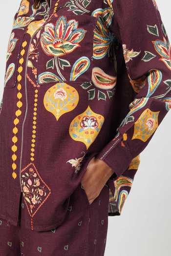 Sue Mue_Wine Linen Collared The Free Flow Print Pure Shirt And Pant Set _Online_at_Aza_Fashions