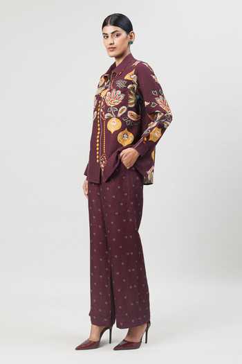 Buy_Sue Mue_Wine Linen Collared The Free Flow Print Pure Shirt And Pant Set _Online_at_Aza_Fashions