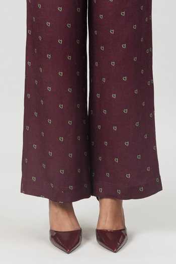 Shop_Sue Mue_Wine Linen Collared The Free Flow Print Pure Shirt And Pant Set _Online_at_Aza_Fashions
