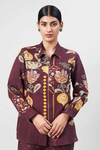 Sue Mue_Wine Linen Collared The Free Flow Print Pure Shirt And Pant Set _at_Aza_Fashions