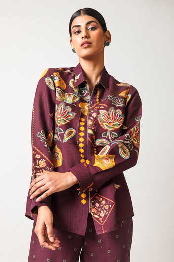 Buy_Sue Mue_Wine Linen Collared The Free Flow Print Pure Shirt And Pant Set 