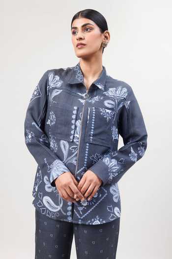 Sue Mue_Charcoal Linen Collared The Free Flow Pure Shirt And Pant Set _Online_at_Aza_Fashions