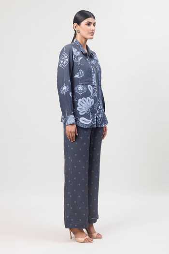 Buy_Sue Mue_Charcoal Linen Collared The Free Flow Pure Shirt And Pant Set _Online_at_Aza_Fashions