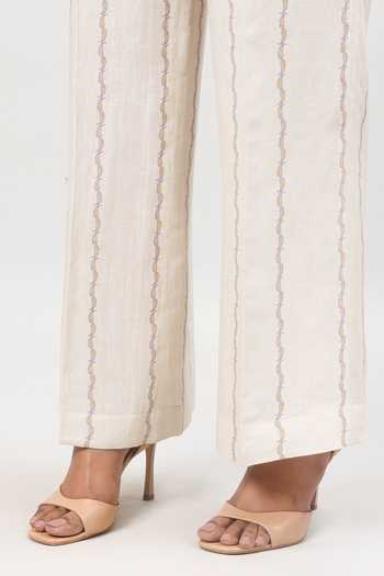 Sue Mue_Off White Linen V-neck The Painterly Paisley Pure Jacket And Pant Set _Online_at_Aza_Fashions