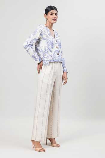 Buy_Sue Mue_Off White Linen V-neck The Painterly Paisley Pure Jacket And Pant Set _Online_at_Aza_Fashions