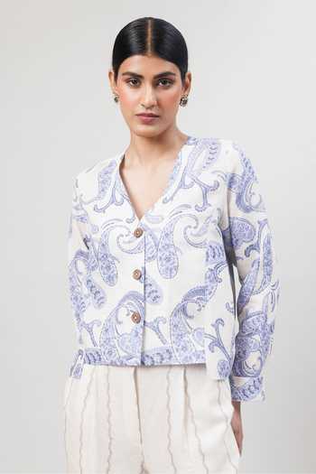 Shop_Sue Mue_Off White Linen V-neck The Painterly Paisley Pure Jacket And Pant Set _Online_at_Aza_Fashions