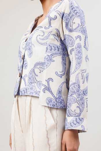 Sue Mue_Off White Linen V-neck The Painterly Paisley Pure Jacket And Pant Set _at_Aza_Fashions
