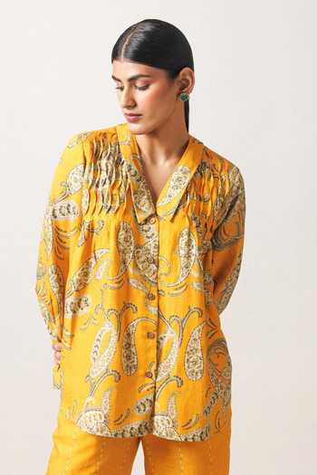 Sue Mue Mustard Linen Collared The Painterly Paisley Print Pure Shirt And Pant Set Online at Aza Fashions Sue Mue_Mustard Linen Collared The Painterly Paisley Print Pure Shirt And Pant Set _Online_at_Aza_Fashions