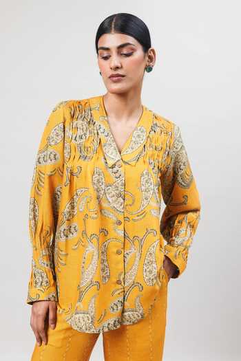 Buy Sue Mue Mustard Linen Collared The Painterly Paisley Print Pure Shirt And Pant Set Online at Aza Fashions Buy_Sue Mue_Mustard Linen Collared The Painterly Paisley Print Pure Shirt And Pant Set _Online_at_Aza_Fashions