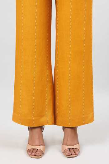 Shop Sue Mue Mustard Linen Collared The Painterly Paisley Print Pure Shirt And Pant Set Online at Aza Fashions Shop_Sue Mue_Mustard Linen Collared The Painterly Paisley Print Pure Shirt And Pant Set _Online_at_Aza_Fashions