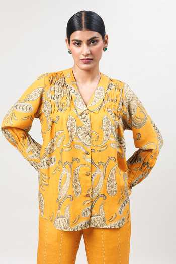 Buy Sue Mue Mustard Linen Collared The Painterly Paisley Print Pure Shirt And Pant Set Buy_Sue Mue_Mustard Linen Collared The Painterly Paisley Print Pure Shirt And Pant Set