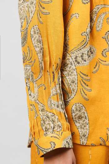 Shop Sue Mue Mustard Linen Collared The Painterly Paisley Print Pure Shirt And Pant Set Shop_Sue Mue_Mustard Linen Collared The Painterly Paisley Print Pure Shirt And Pant Set