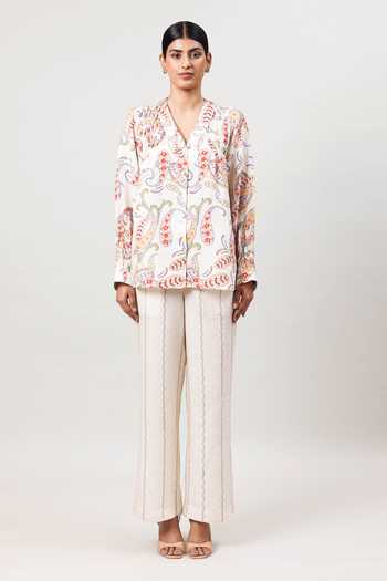 Sue Mue_Off White Linen V-neck The Painterly Printed Pure Top And Pant Set _Online_at_Aza_Fashions
