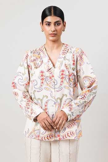 Buy_Sue Mue_Off White Linen V-neck The Painterly Printed Pure Top And Pant Set _Online_at_Aza_Fashions