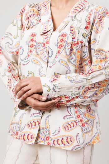 Shop_Sue Mue_Off White Linen V-neck The Painterly Printed Pure Top And Pant Set _Online_at_Aza_Fashions