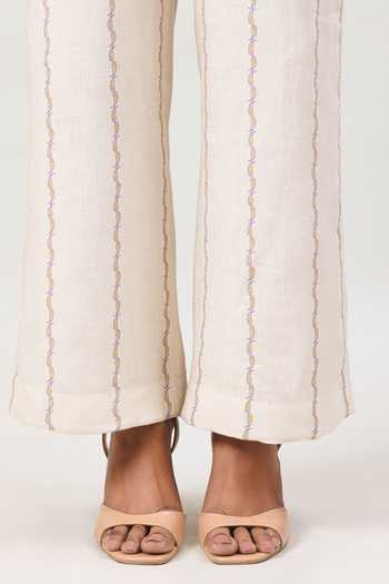 Sue Mue_Off White Linen V-neck The Painterly Printed Pure Top And Pant Set _at_Aza_Fashions