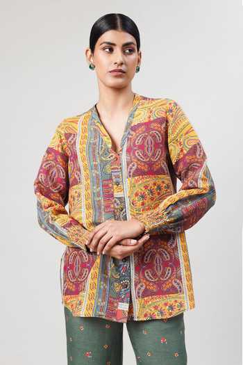 Sue Mue_Multi Color Linen V-neck The Painterly Paisley Print Pure Shirt And Pant Set _Online_at_Aza_Fashions