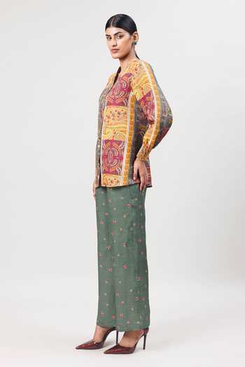 Buy_Sue Mue_Multi Color Linen V-neck The Painterly Paisley Print Pure Shirt And Pant Set _Online_at_Aza_Fashions