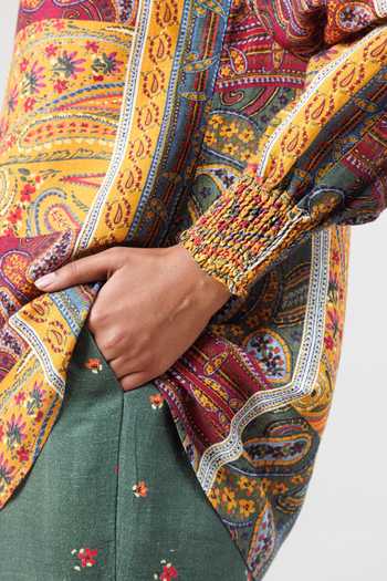 Sue Mue_Multi Color Linen V-neck The Painterly Paisley Print Pure Shirt And Pant Set _at_Aza_Fashions
