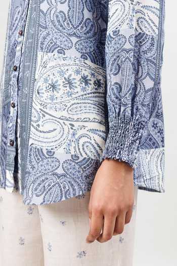 Shop Sue Mue Off White Linen V-neck The Painterly Paisley Print Pure Shirt And Pant Set Online at Aza Fashions Shop_Sue Mue_Off White Linen V-neck The Painterly Paisley Print Pure Shirt And Pant Set _Online_at_Aza_Fashions