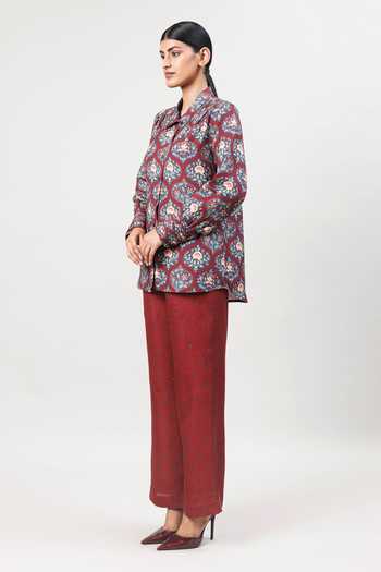 Sue Mue_Maroon Linen Collared The Jaal Printed Pure Shirt And Pant Set _Online_at_Aza_Fashions